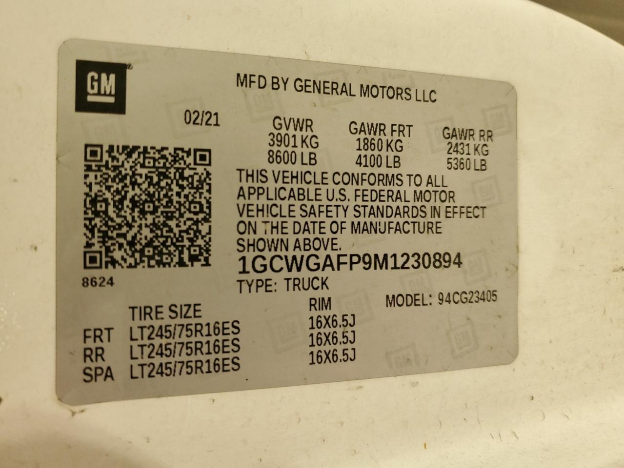 2021 Chevrolet Express G2500 VIN: 1GCWGAFP9M1230894 Lot: 57733314