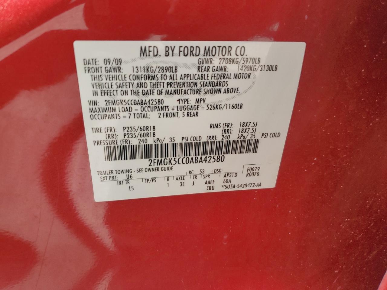 2010 Ford Flex Sel VIN: 2FMGK5CC0ABA42580 Lot: 57780554