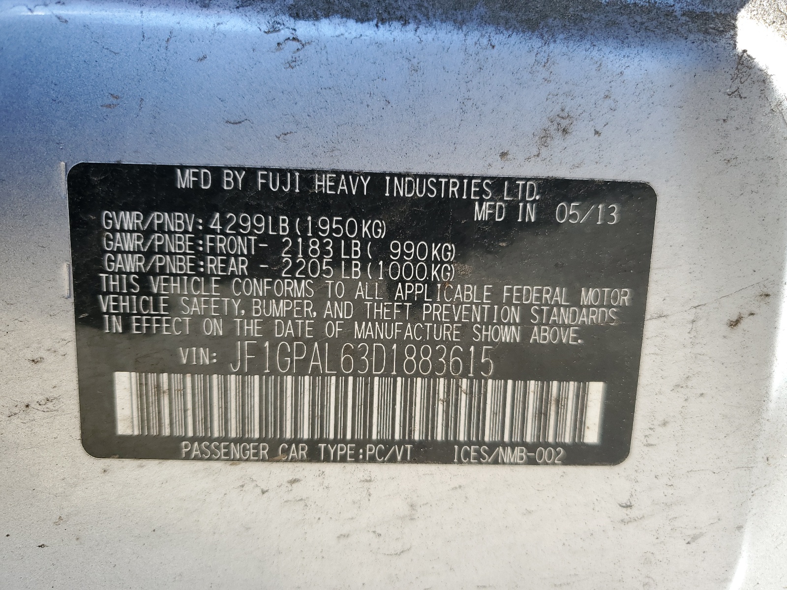 JF1GPAL63D1883615 2013 Subaru Impreza Sport Premium