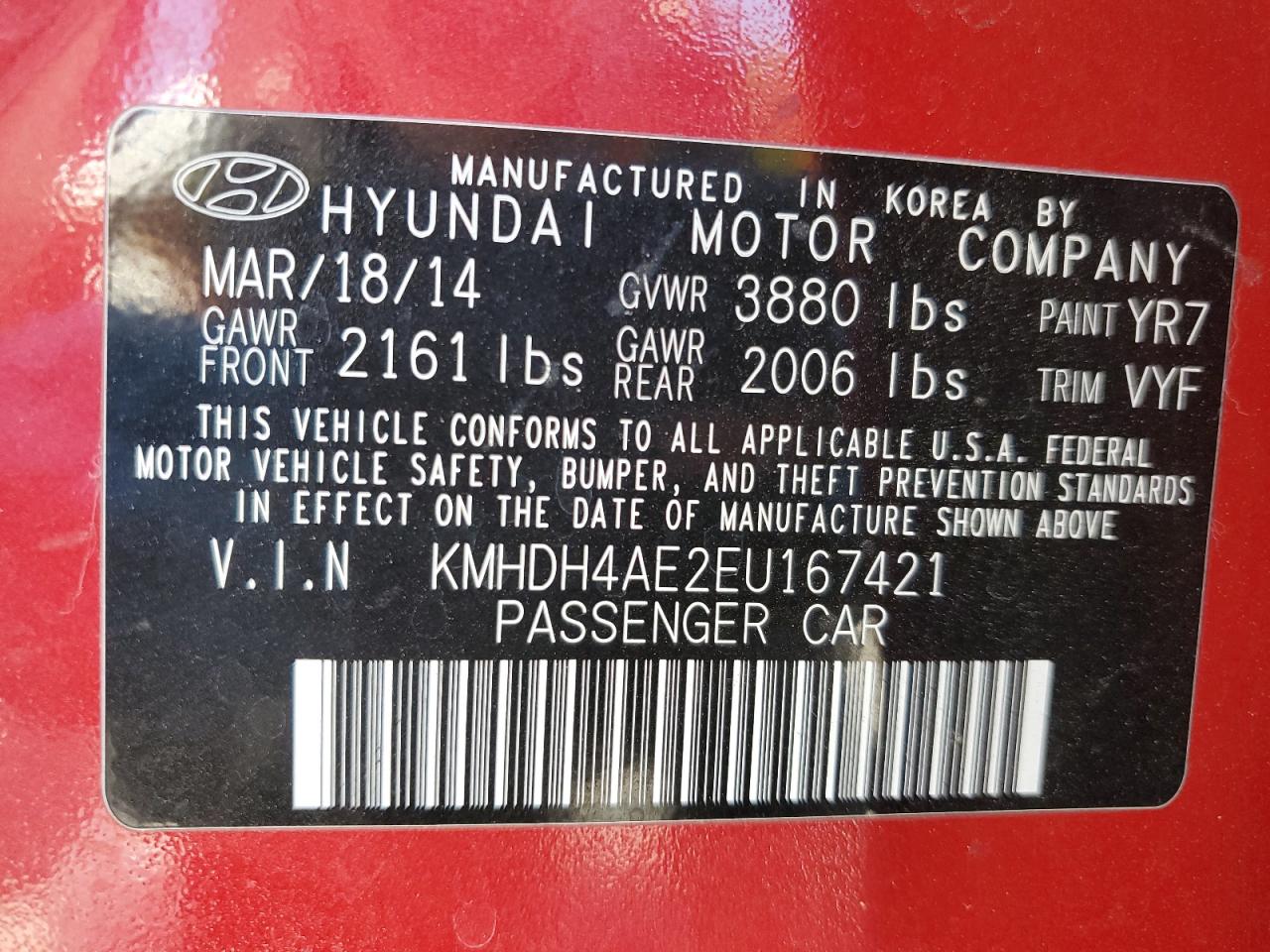 2014 Hyundai Elantra Se VIN: KMHDH4AE2EU167421 Lot: 61149764