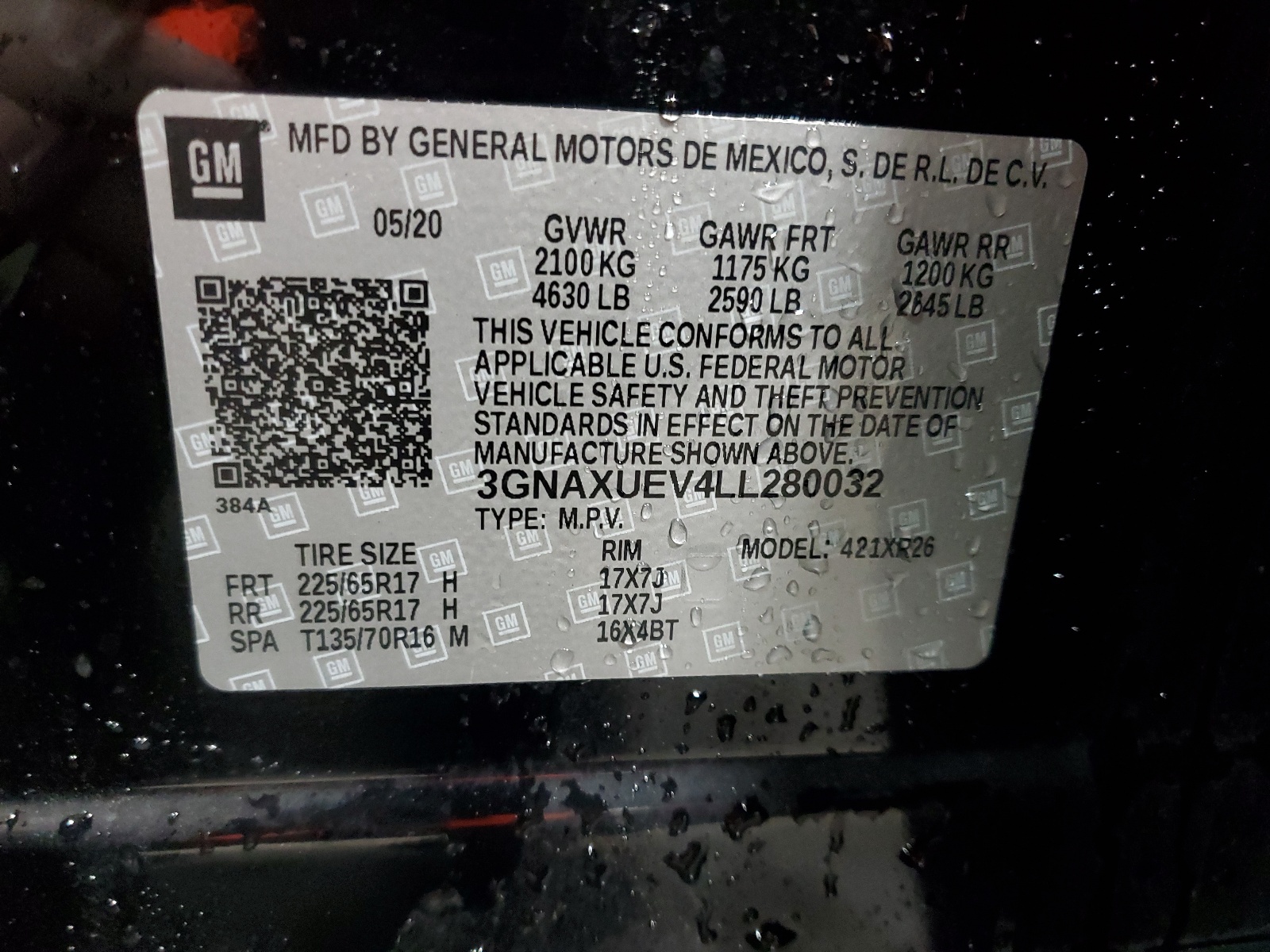 3GNAXUEV4LL280032 2020 Chevrolet Equinox Lt