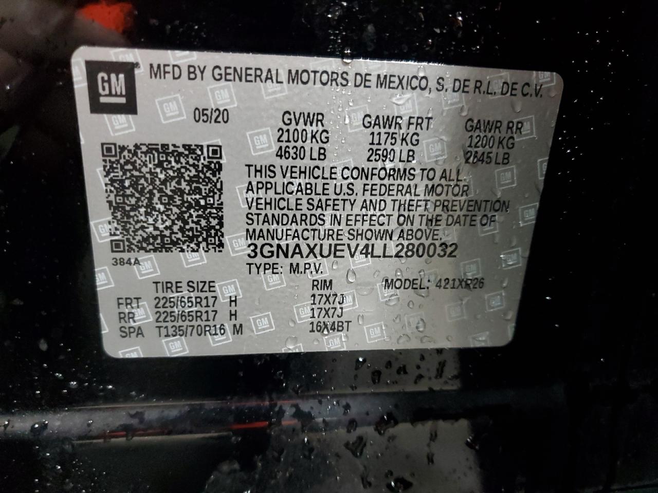 2020 Chevrolet Equinox Lt VIN: 3GNAXUEV4LL280032 Lot: 56608974