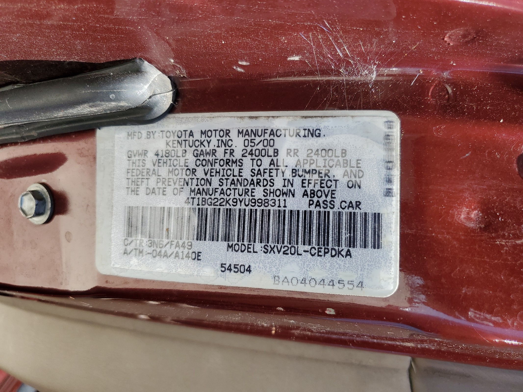 4T1BG22K9YU998311 2000 Toyota Camry Ce