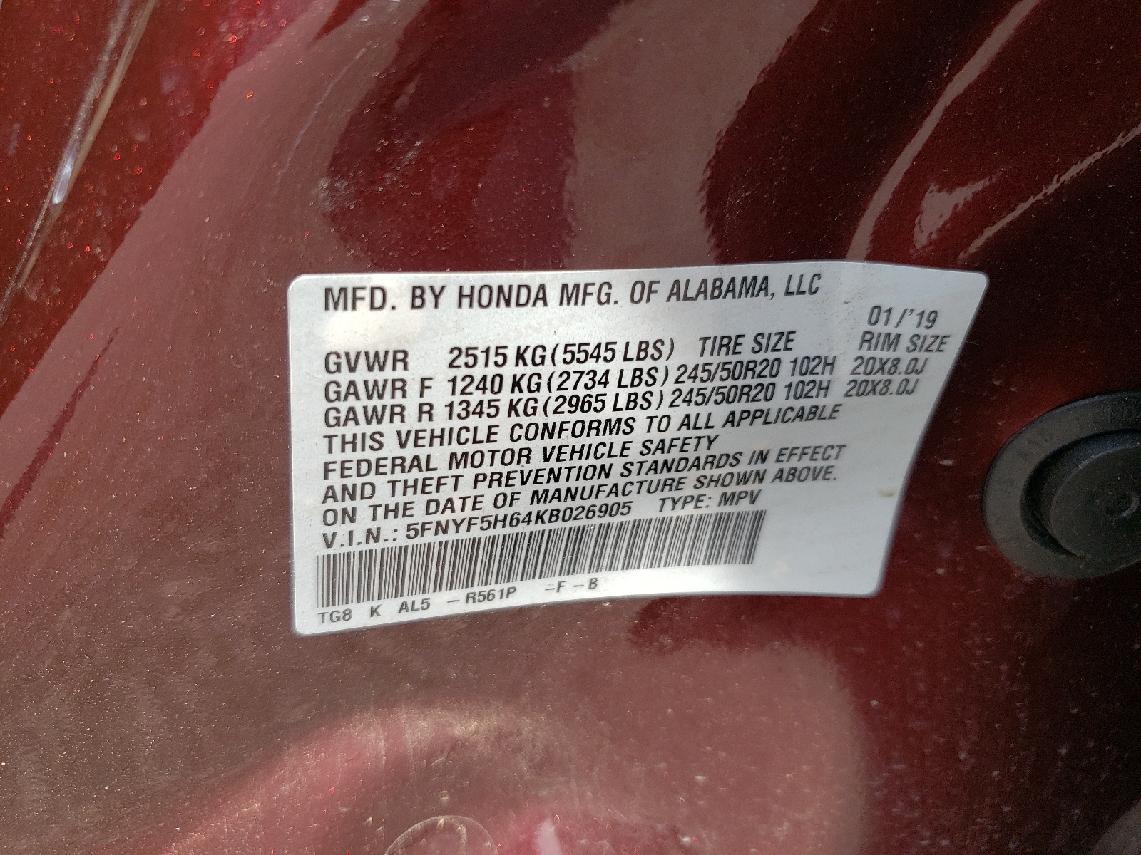 5FNYF5H64KB026905 2019 Honda Pilot Touring