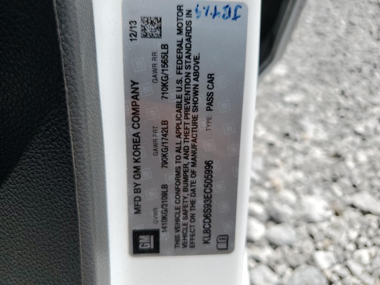 2014 Chevrolet Spark 1Lt VIN: KL8CD6S93EC505996 Lot: 60310214