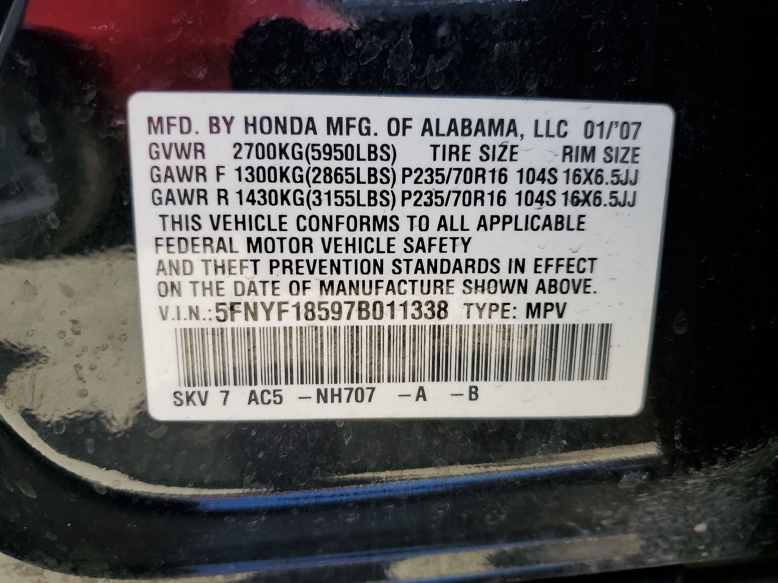 5FNYF18597B011338 2007 Honda Pilot Exl