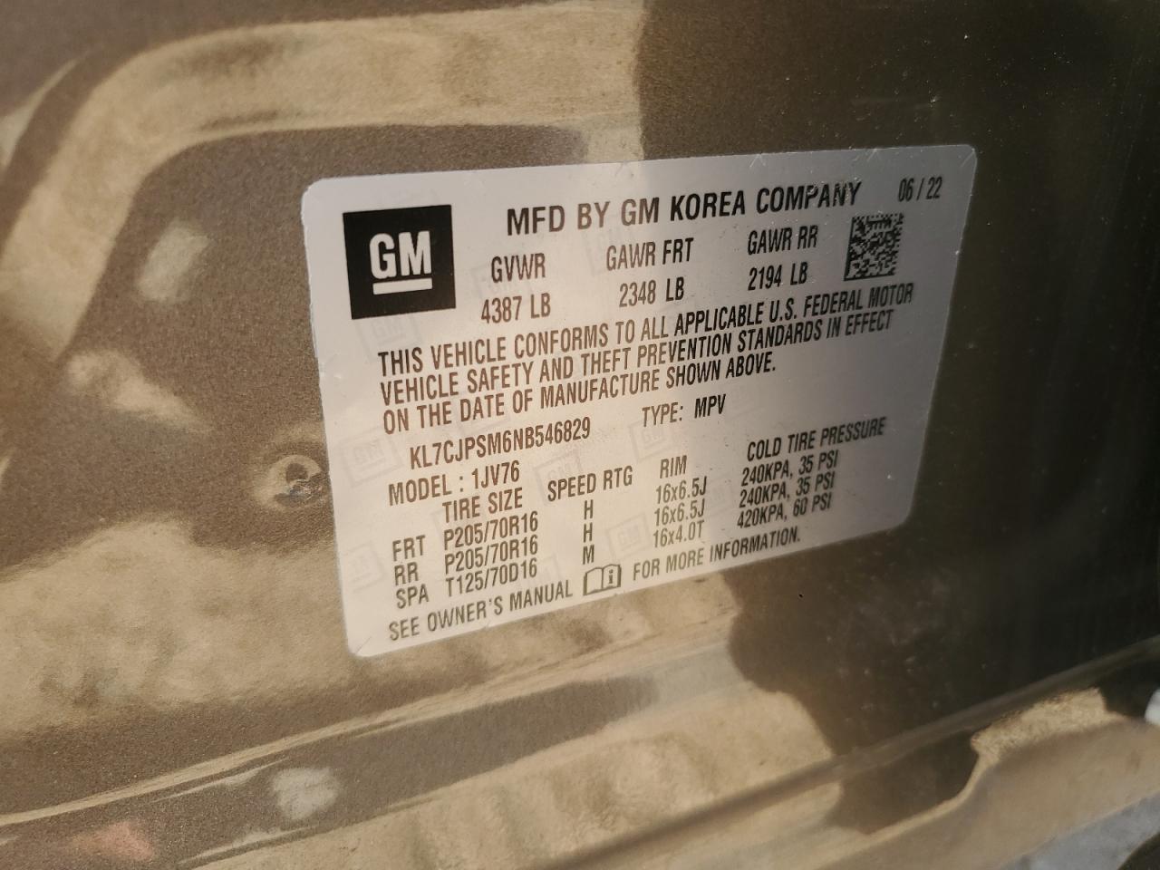 2022 Chevrolet Trax 1Lt VIN: KL7CJPSM6NB546829 Lot: 60050954