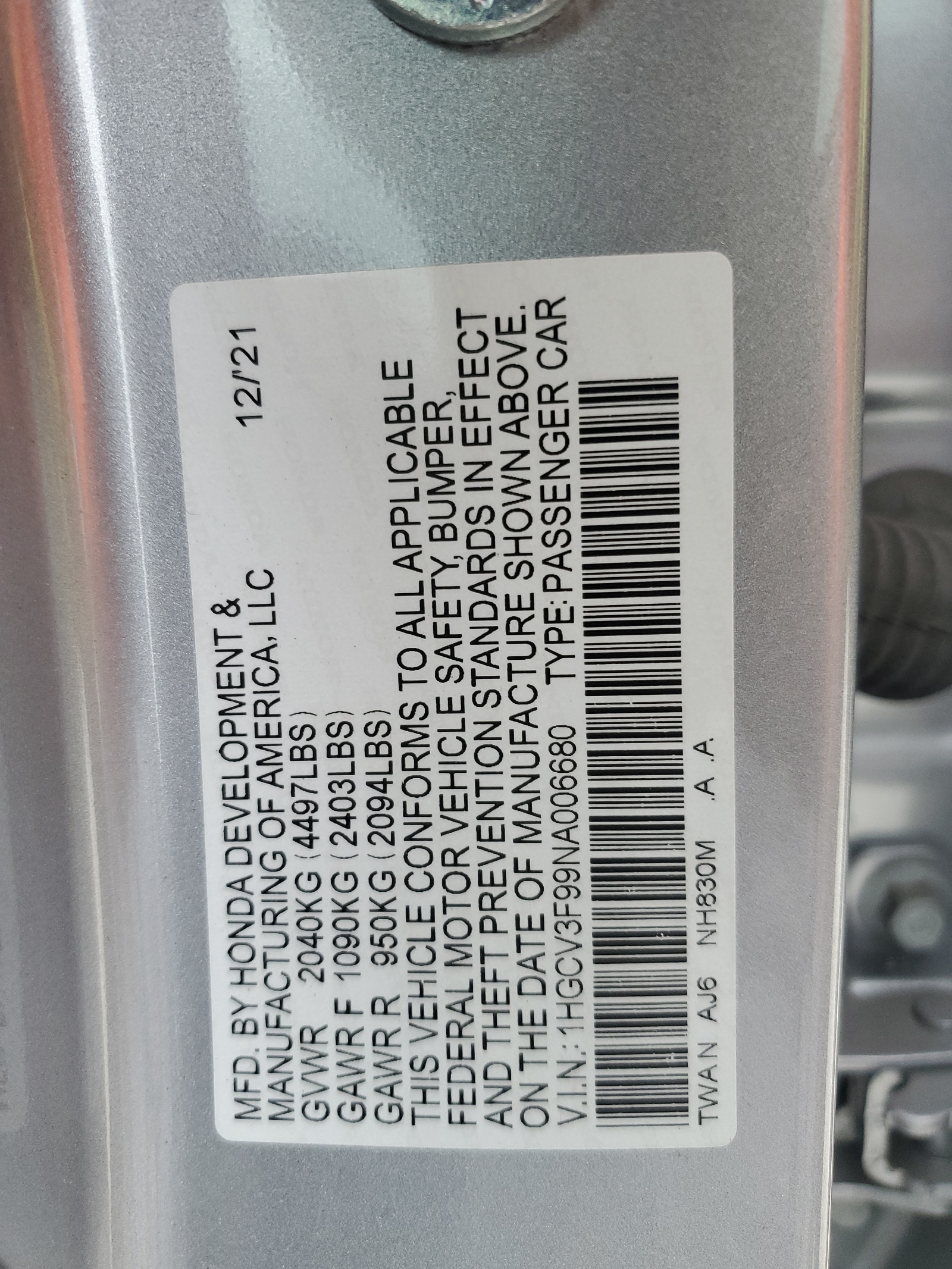 1HGCV3F99NA006680 2022 Honda Accord Touring Hybrid