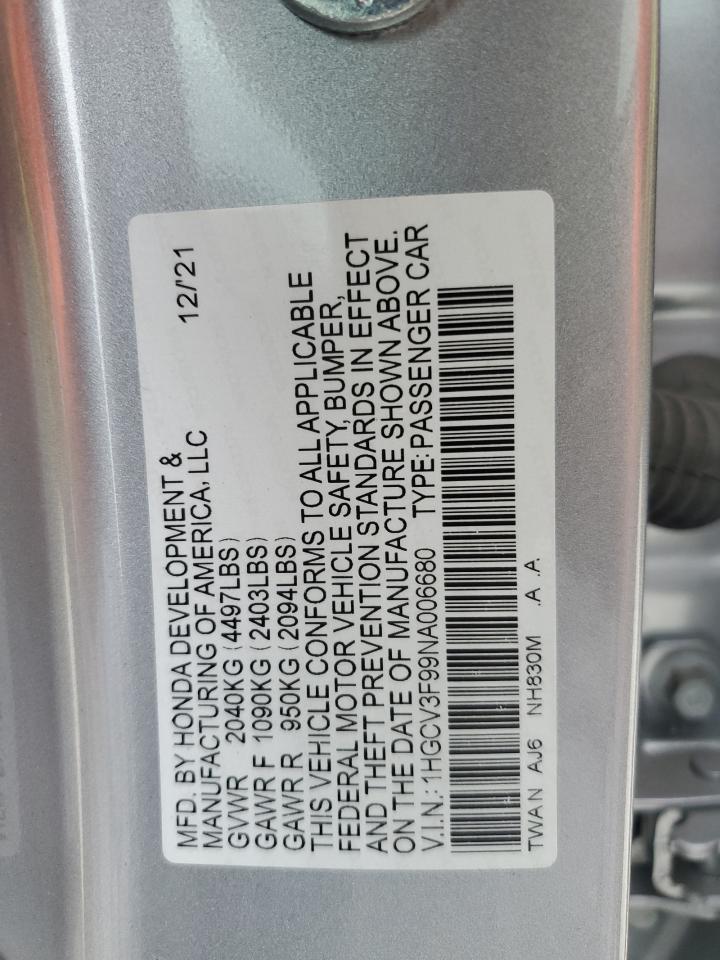 2022 Honda Accord Touring Hybrid VIN: 1HGCV3F99NA006680 Lot: 57292904