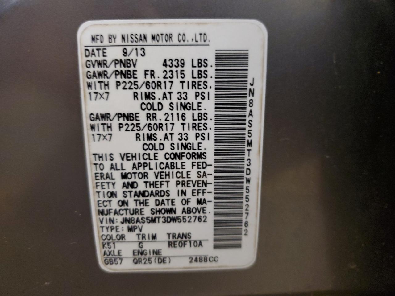 2013 Nissan Rogue S VIN: JN8AS5MT3DW552762 Lot: 61113914