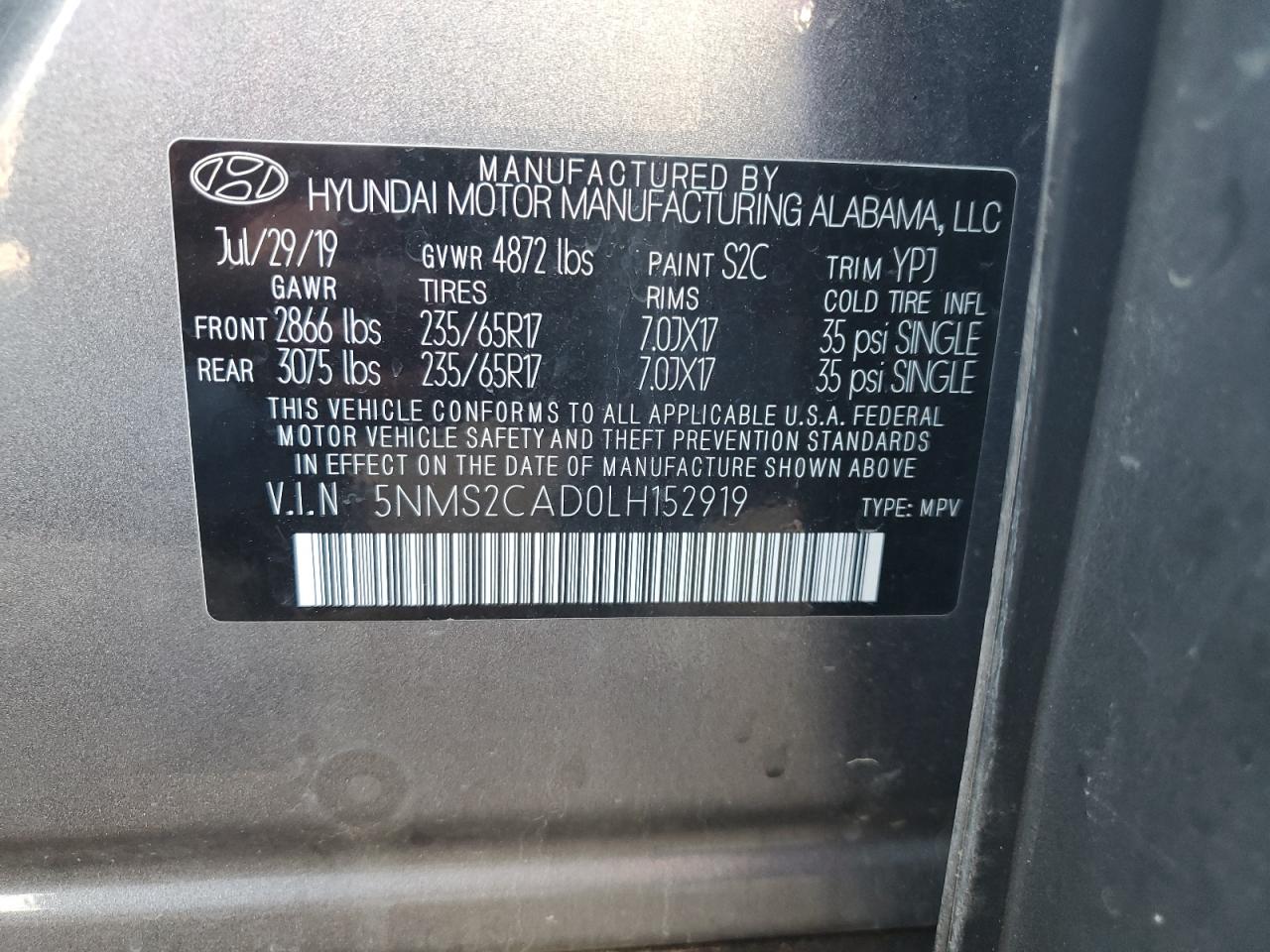 5NMS2CAD0LH152919 2020 Hyundai Santa Fe Se