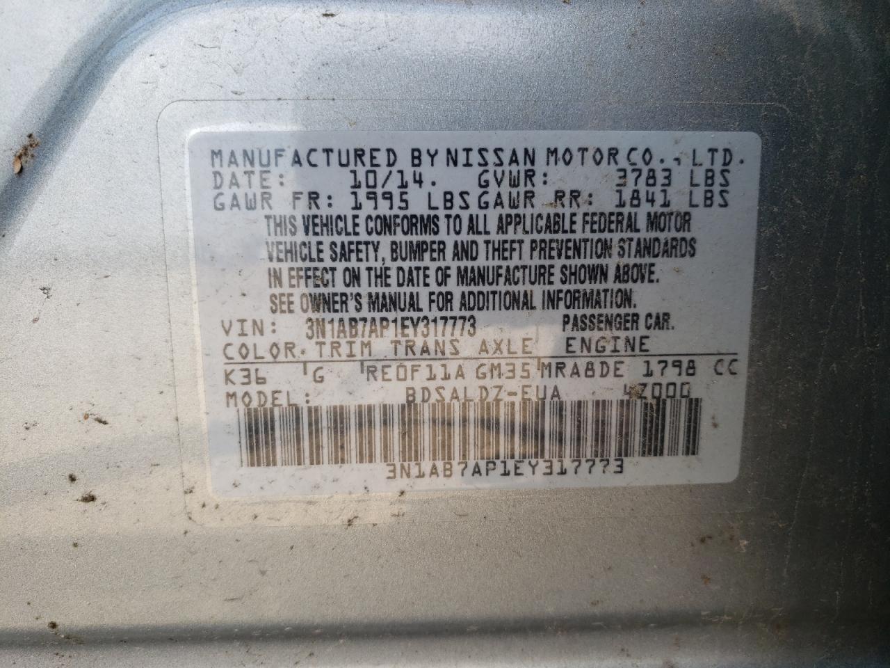 3N1AB7AP1EY317773 2014 Nissan Sentra S