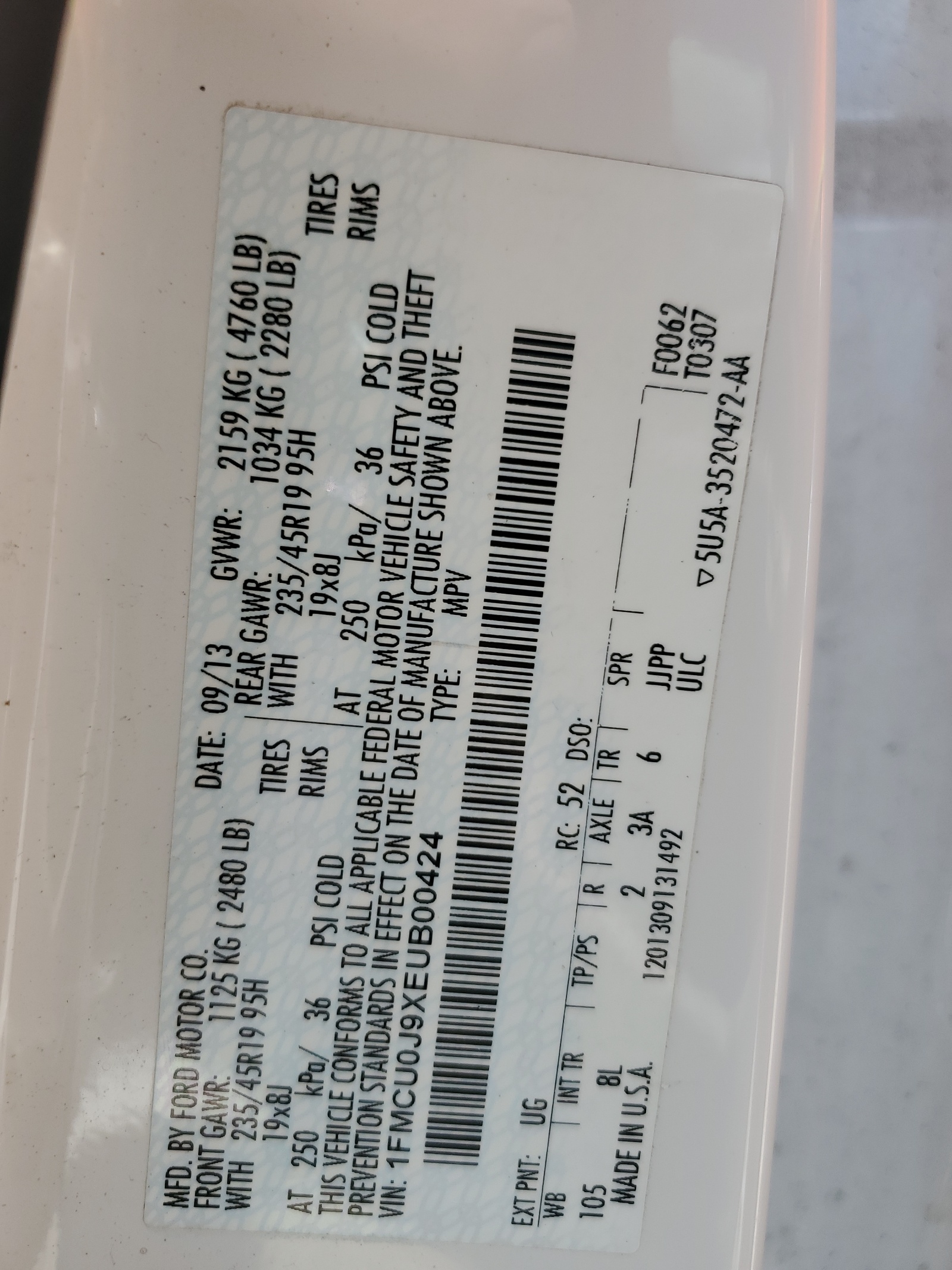 1FMCU0J9XEUB00424 2014 Ford Escape Titanium