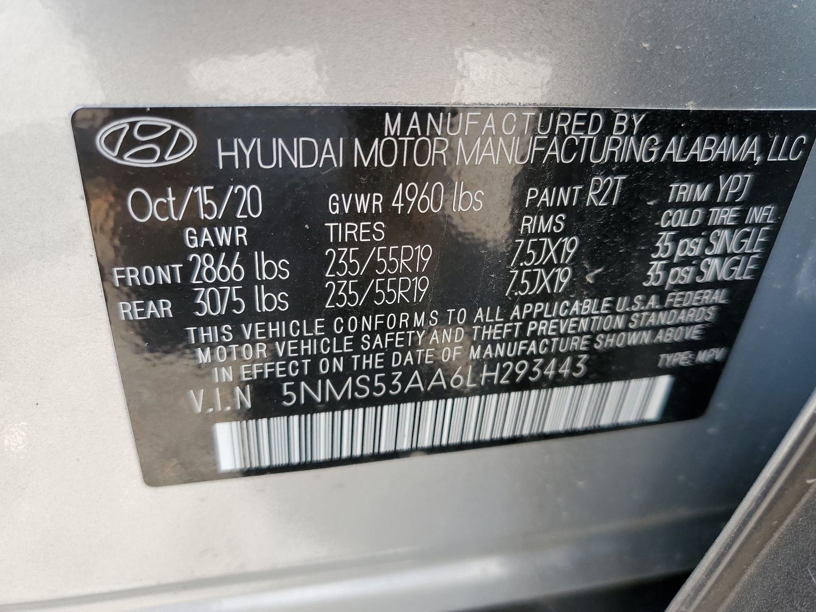 5NMS53AA6LH293443 2020 Hyundai Santa Fe Limited