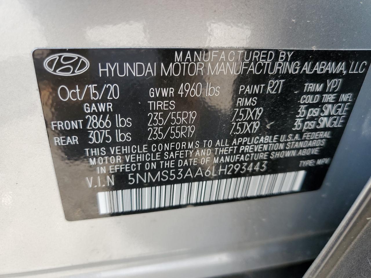 2020 Hyundai Santa Fe Limited VIN: 5NMS53AA6LH293443 Lot: 57912664