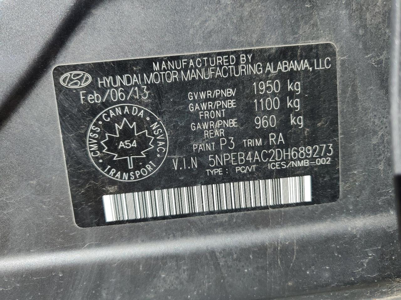 2013 Hyundai Sonata Gls VIN: 5NPEB4AC2DH689273 Lot: 57028154