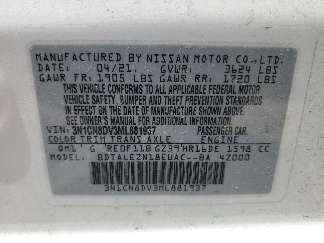 2021 Nissan Versa S VIN: 3N1CN8DV3ML881937 Lot: 60159264