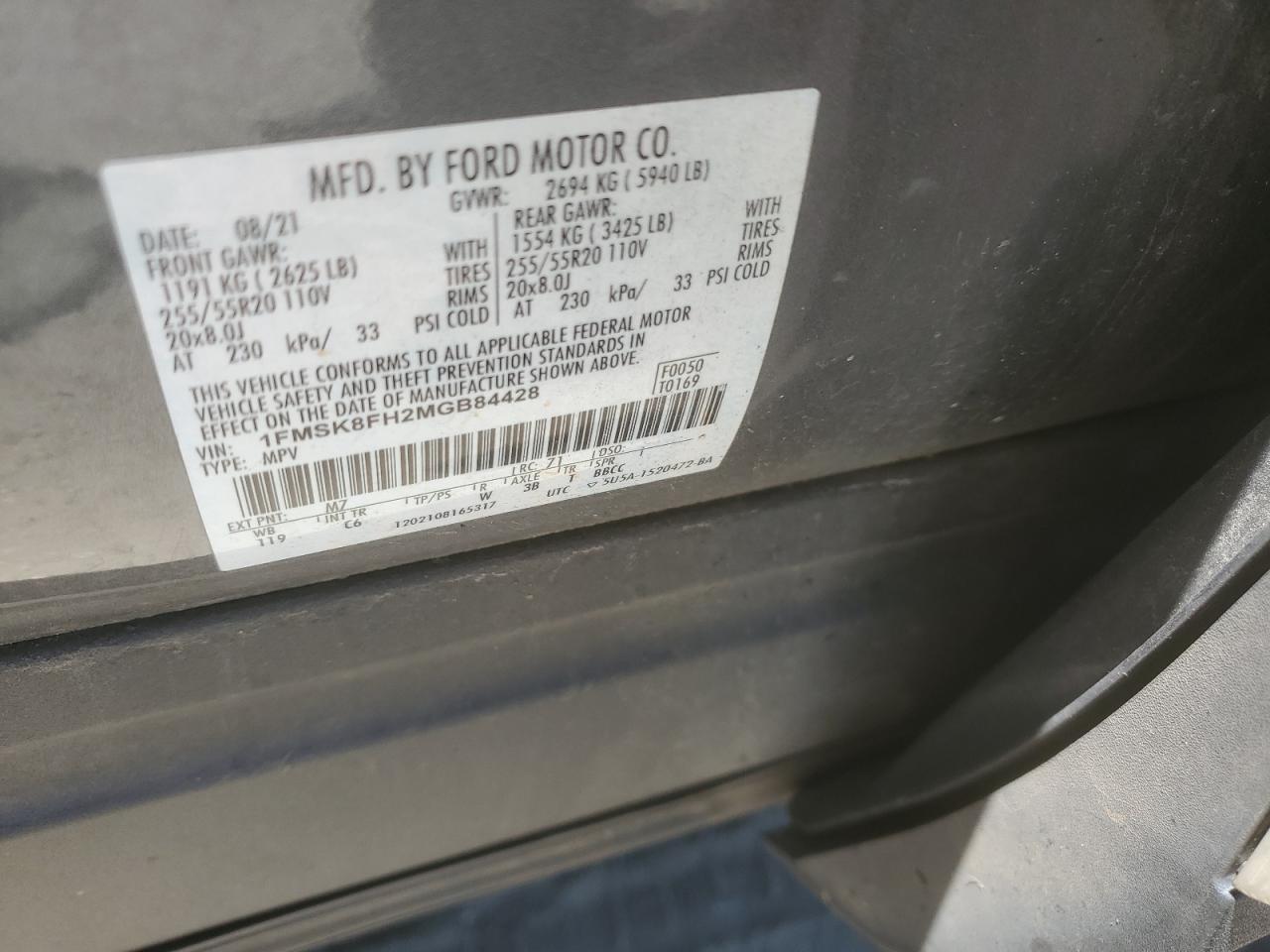 2021 Ford Explorer Limited VIN: 1FMSK8FH2MGB84428 Lot: 60091094