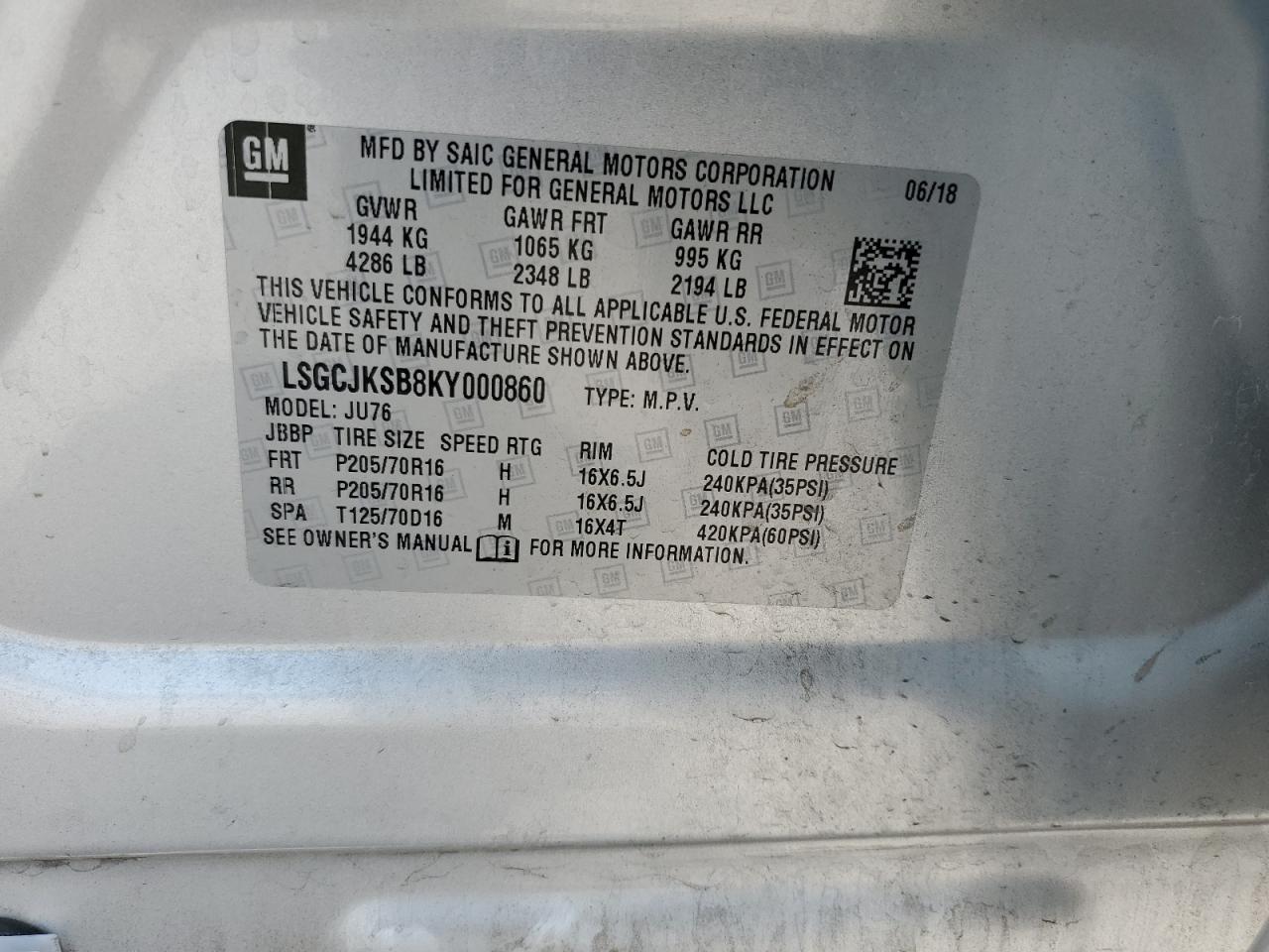 LSGCJKSB8KY000860 2019 Chevrolet Trax Ls