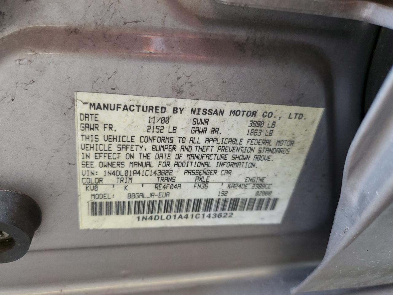 1N4DL01A41C143622 2001 Nissan Altima Gxe