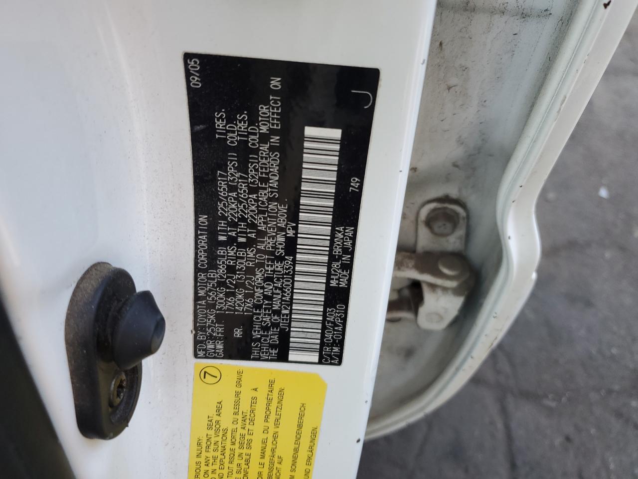 2006 Toyota Highlander Hybrid VIN: JTEEW21A660013394 Lot: 59069384