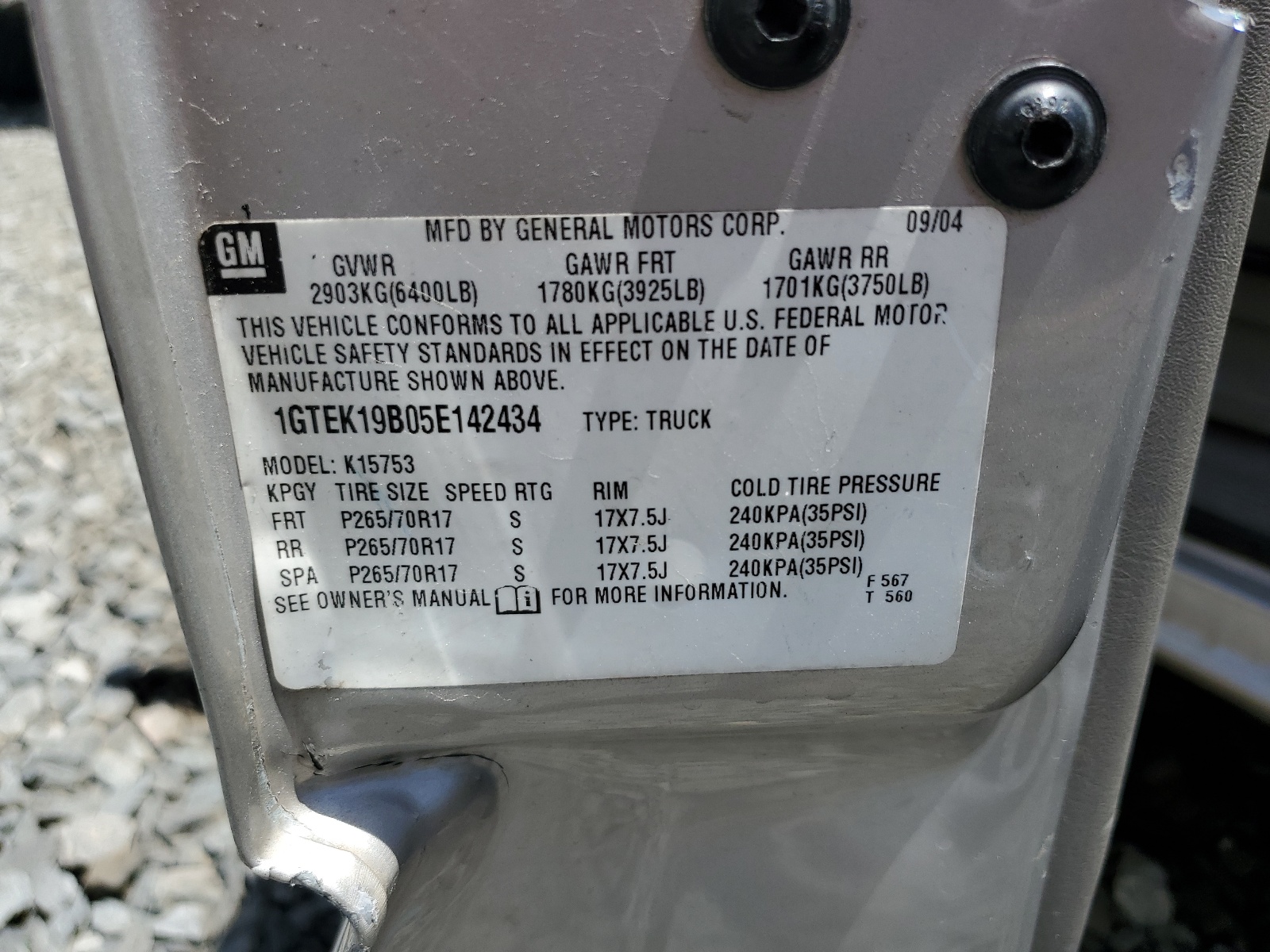 1GTEK19B05E142434 2005 GMC New Sierra K1500