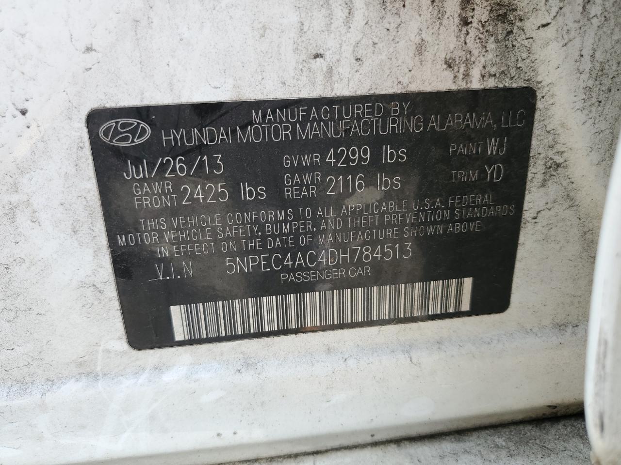 2013 Hyundai Sonata Se VIN: 5NPEC4AC4DH784513 Lot: 60551124