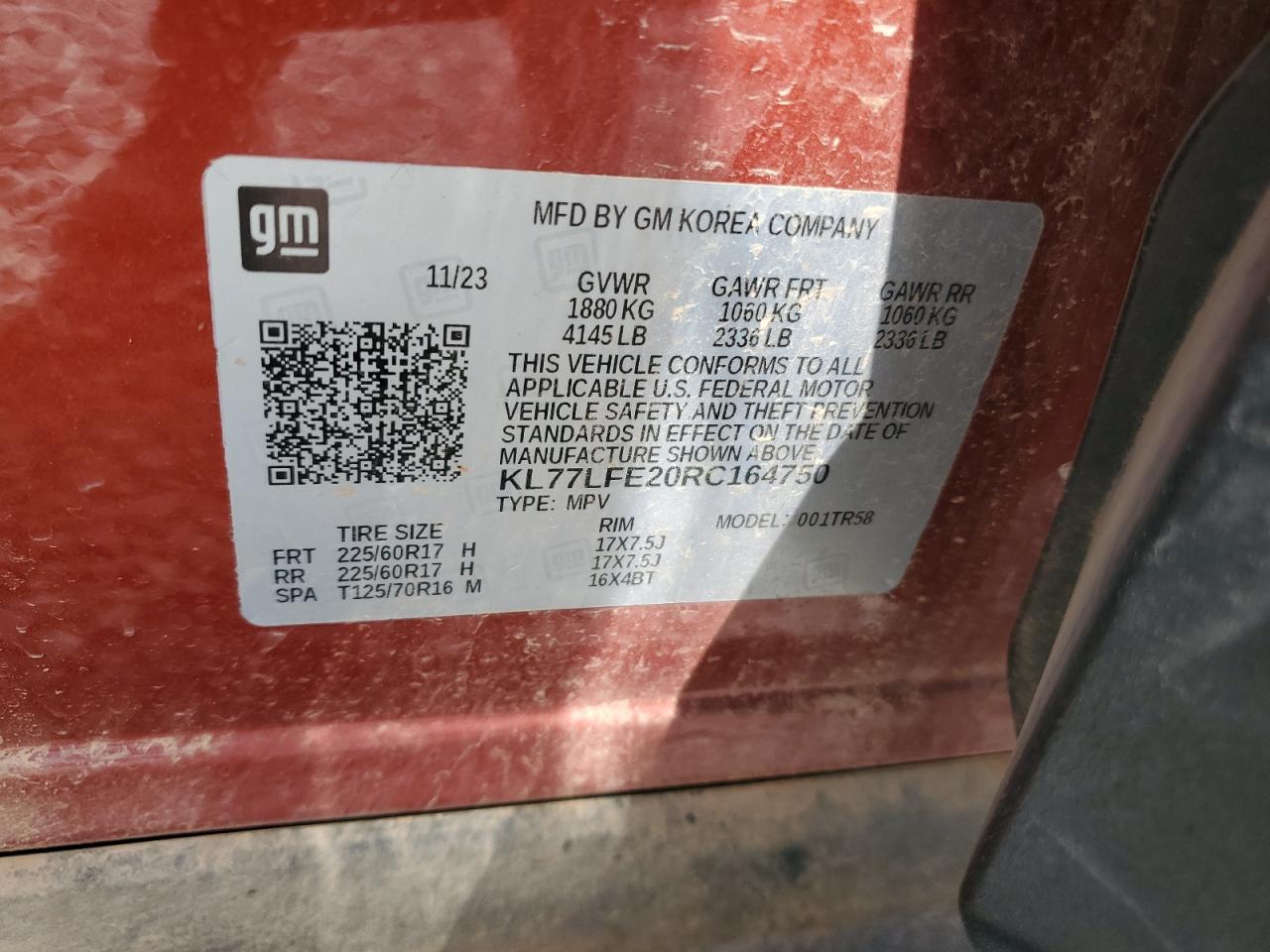 2024 Chevrolet Trax Ls VIN: KL77LFE20RC164750 Lot: 58953644