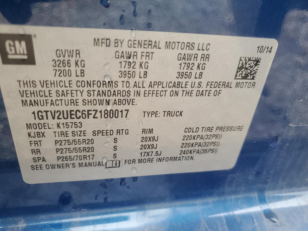 2015 GMC Sierra K1500 Sle VIN: 1GTV2UEC6FZ180017 Lot: 59165354