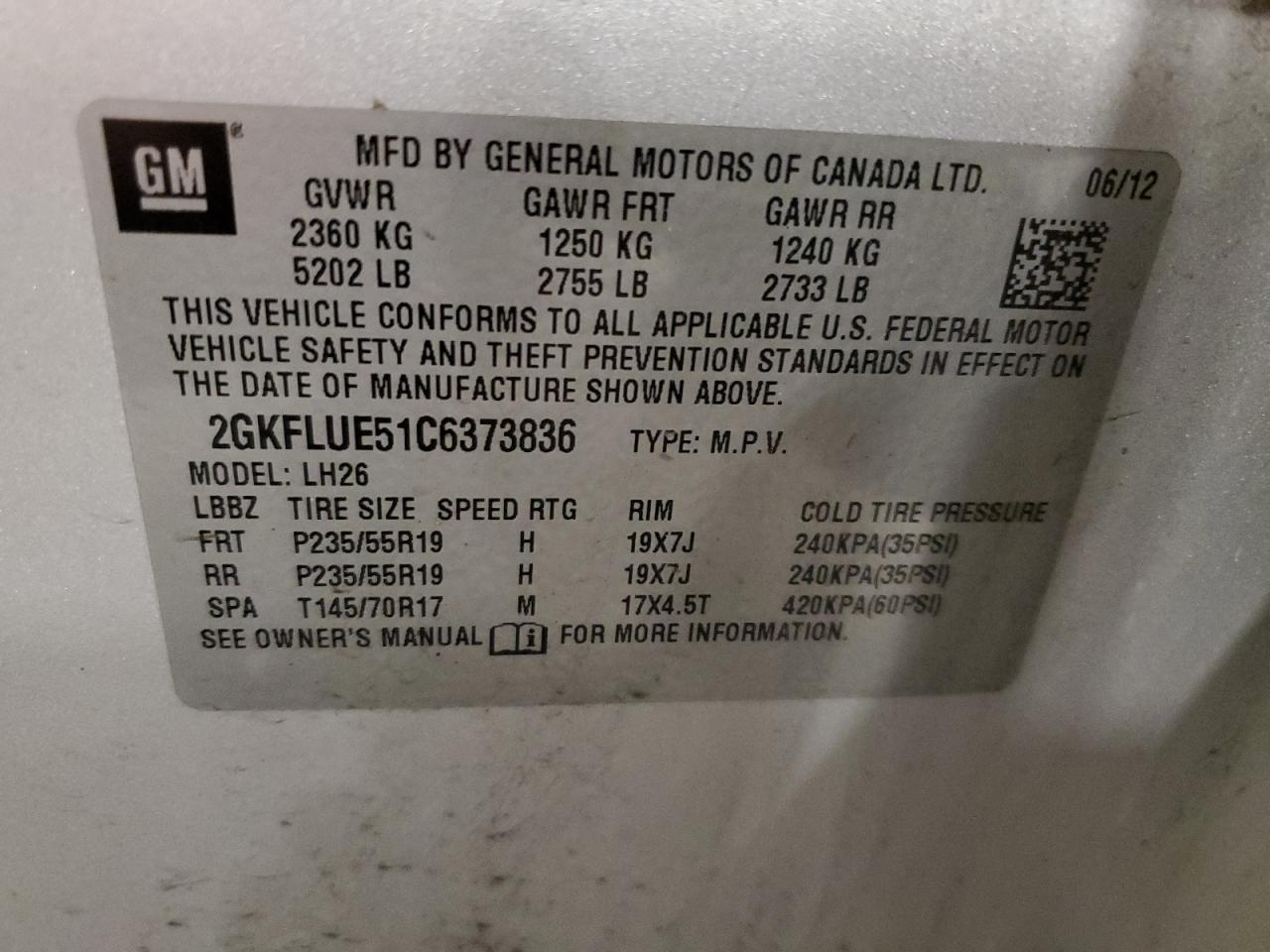 2012 GMC Terrain Slt VIN: 2GKFLUE51C6373836 Lot: 58445324