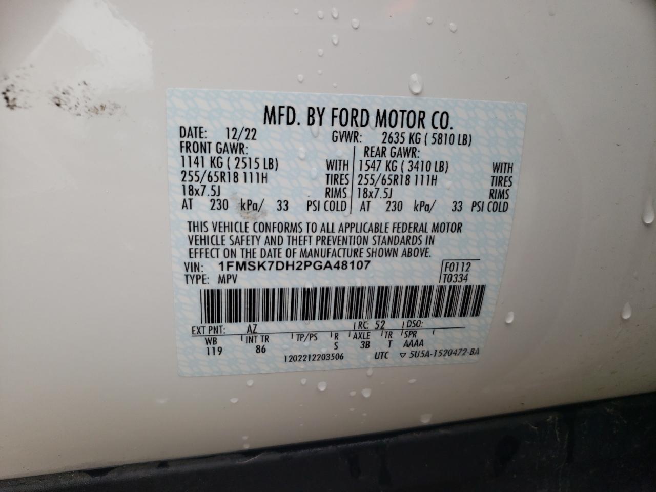 2023 Ford Explorer Xlt VIN: 1FMSK7DH2PGA48107 Lot: 59470284