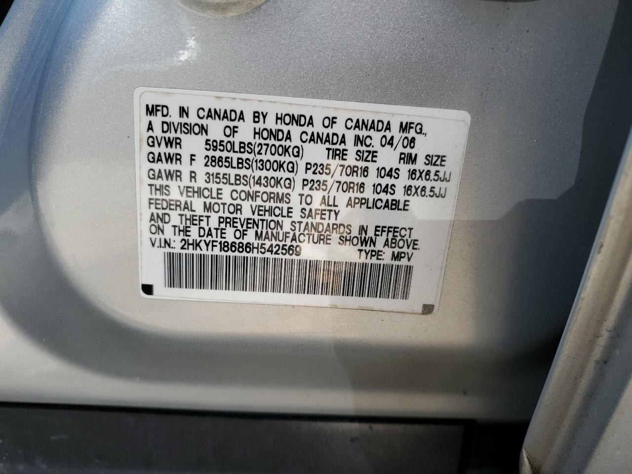 2006 Honda Pilot Ex VIN: 2HKYF18686H542569 Lot: 58315154