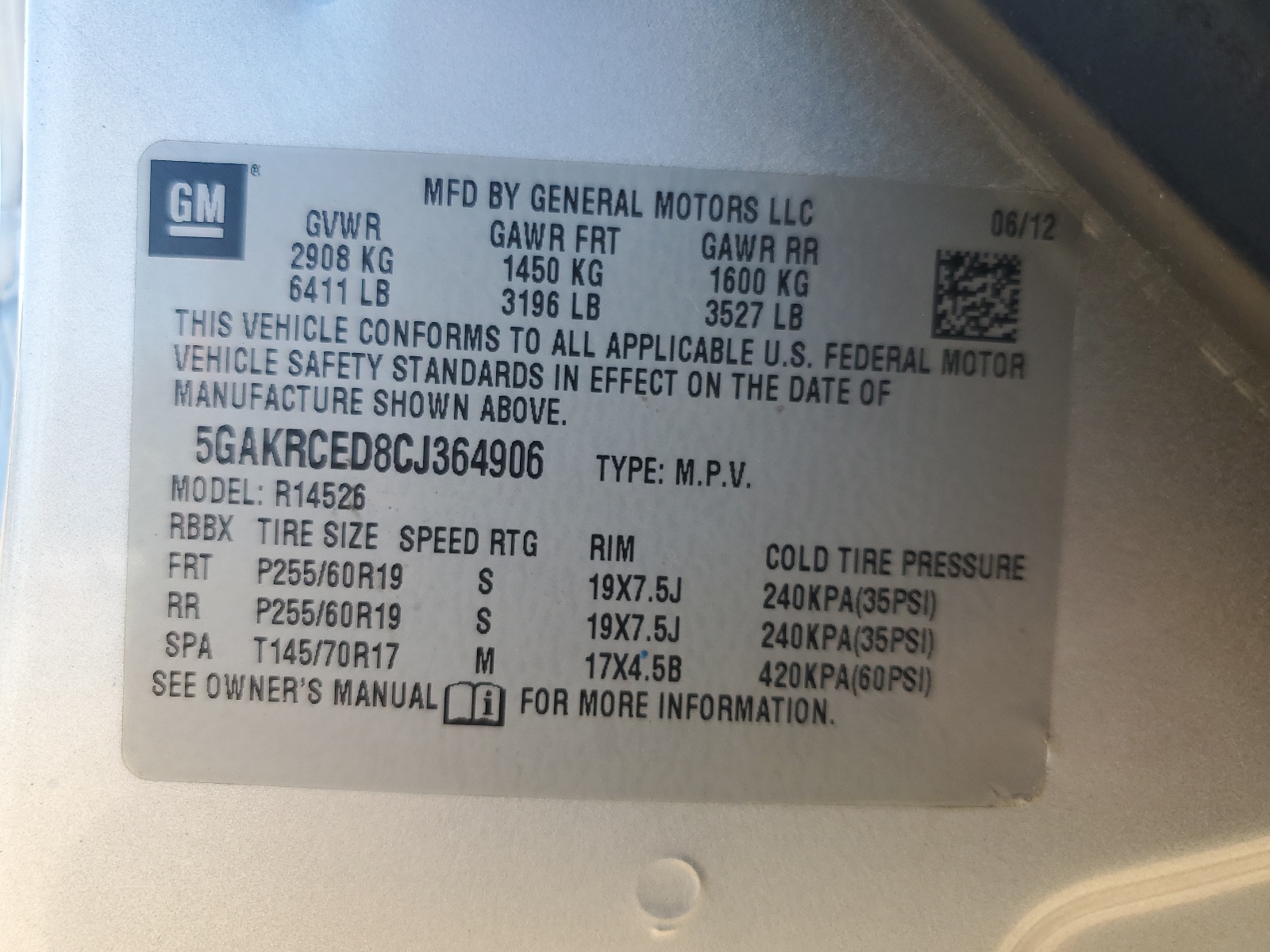 5GAKRCED8CJ364906 2012 Buick Enclave