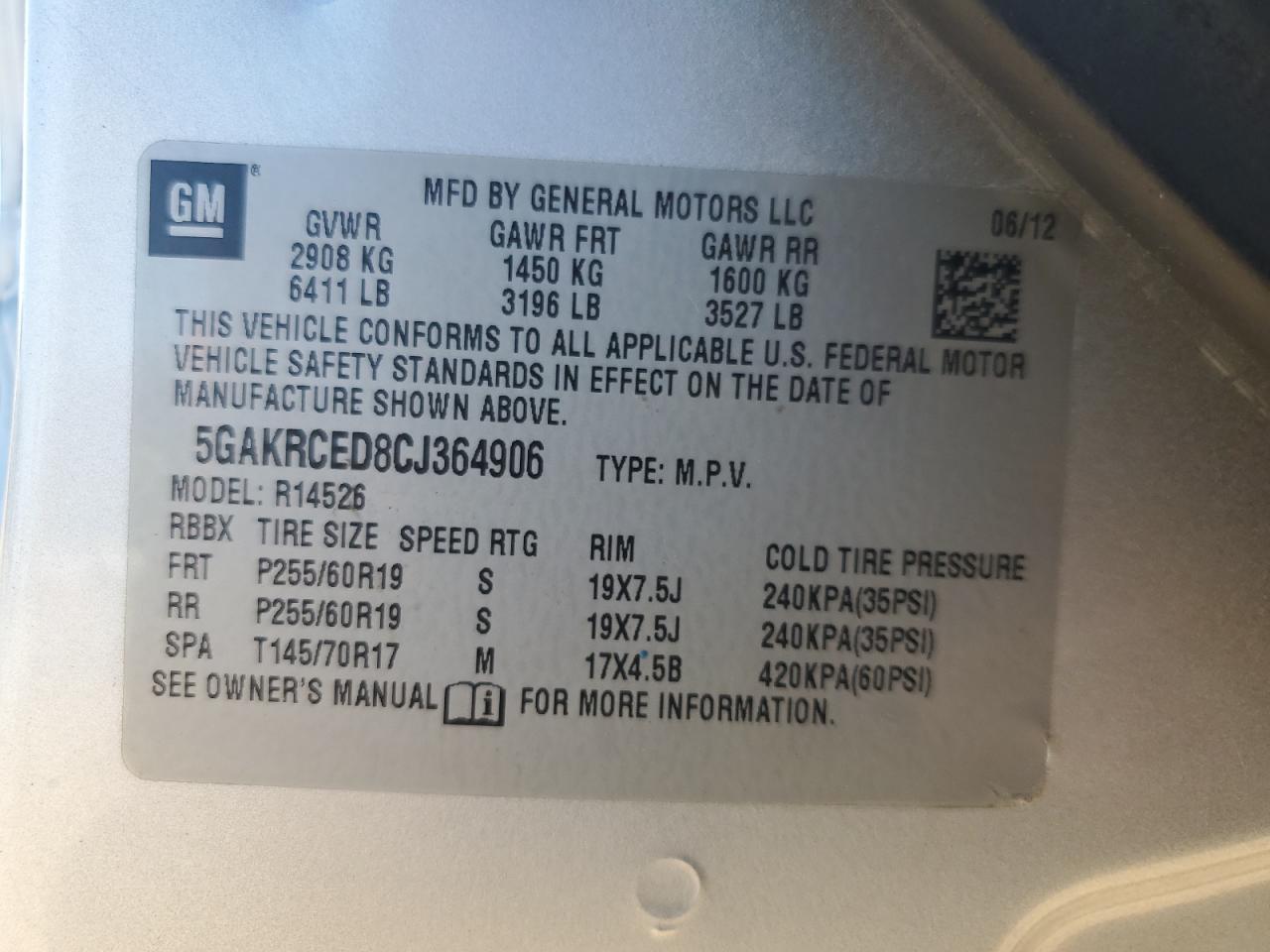 2012 Buick Enclave VIN: 5GAKRCED8CJ364906 Lot: 59824744