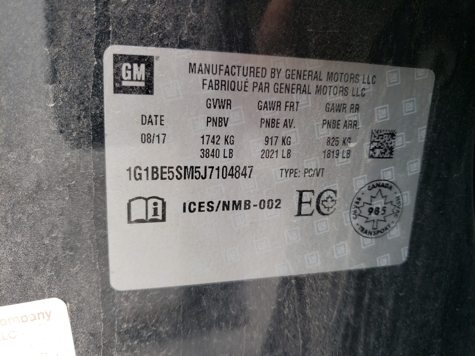 1G1BE5SM5J7104847 2018 Chevrolet Cruze Lt