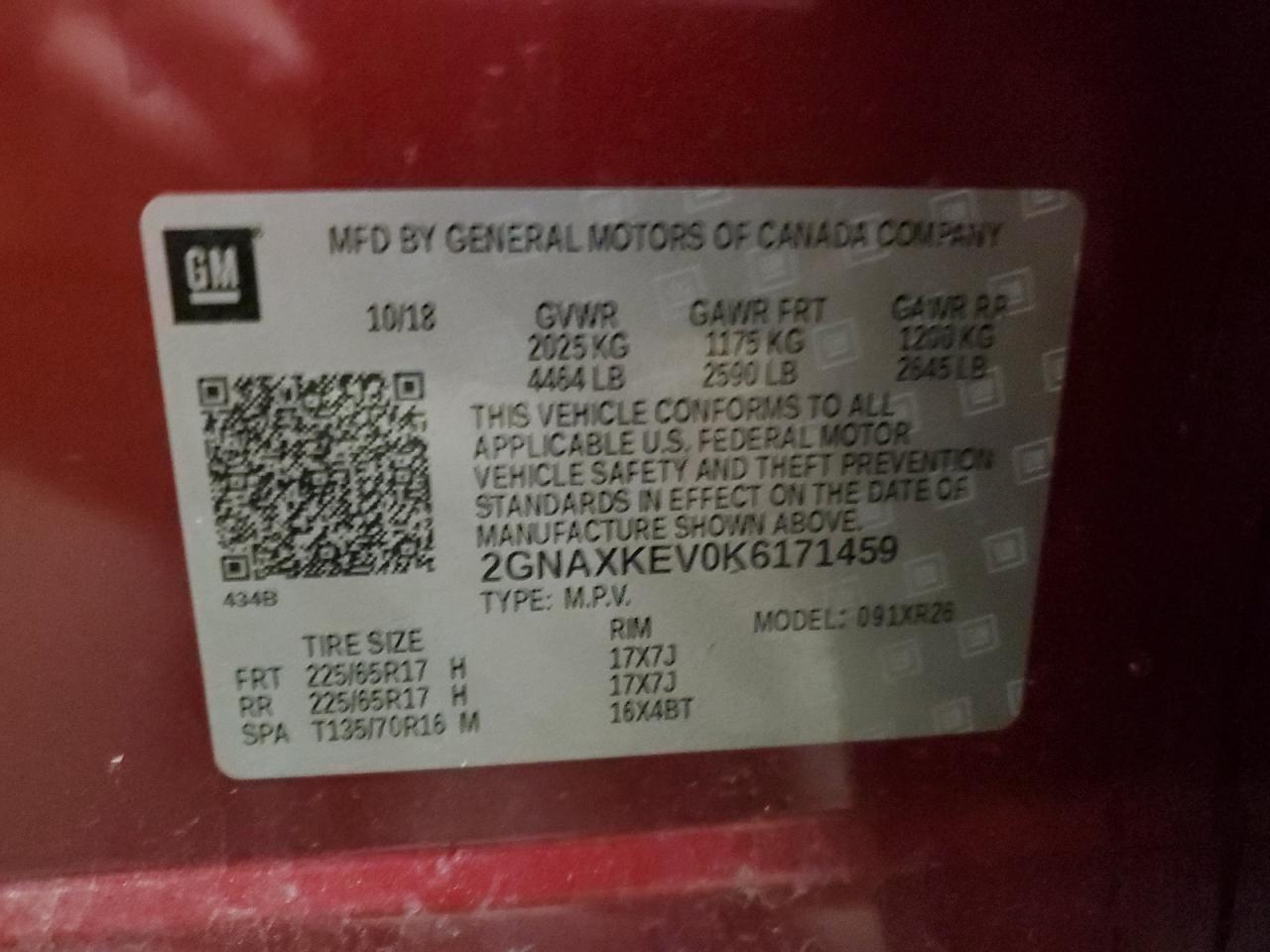 2019 Chevrolet Equinox Lt VIN: 2GNAXKEV0K6171459 Lot: 57805504