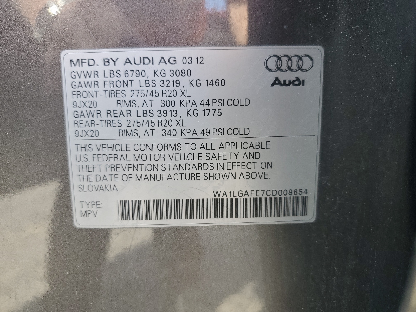 WA1LGAFE7CD008654 2012 Audi Q7 Premium Plus