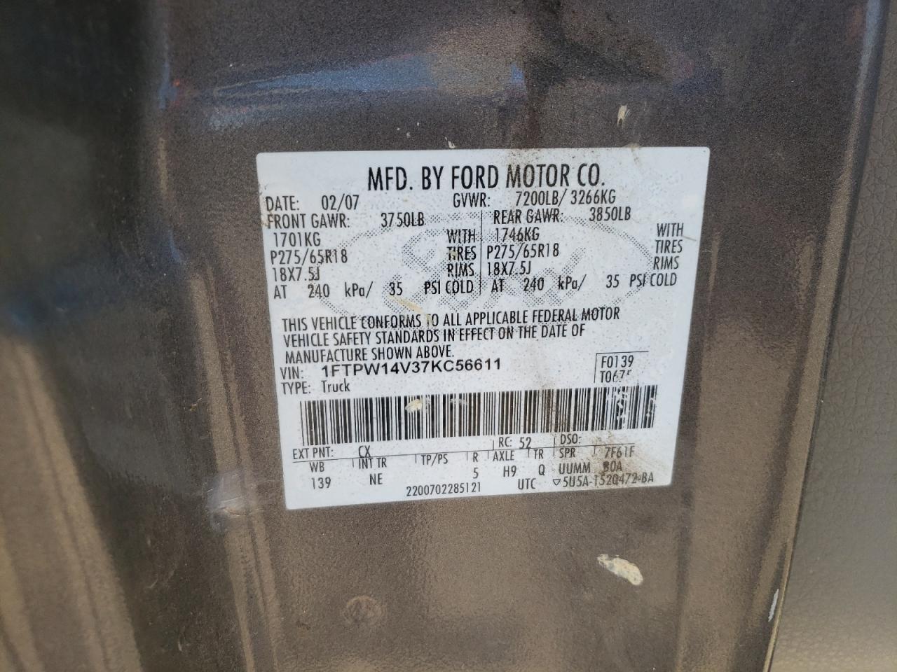 2007 Ford F150 Supercrew VIN: 1FTPW14V37KC56611 Lot: 57236254