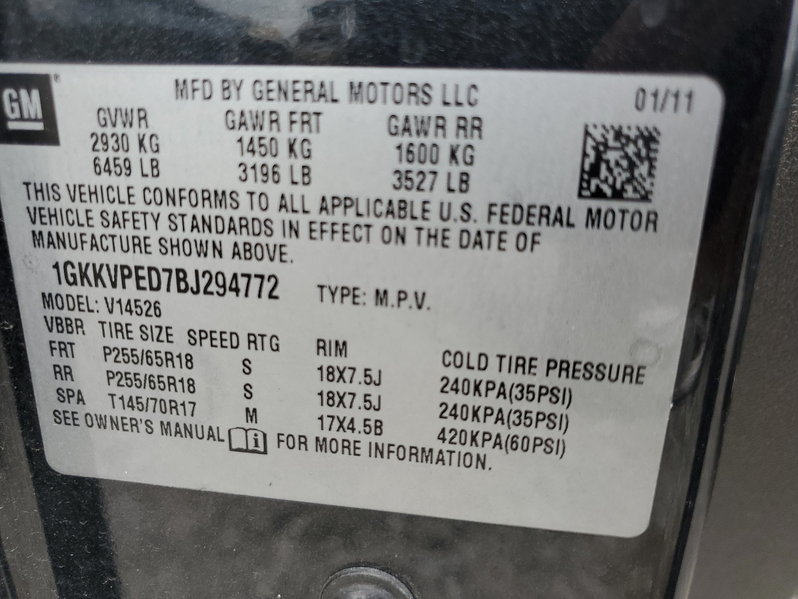 1GKKVPED7BJ294772 2011 GMC Acadia Sle