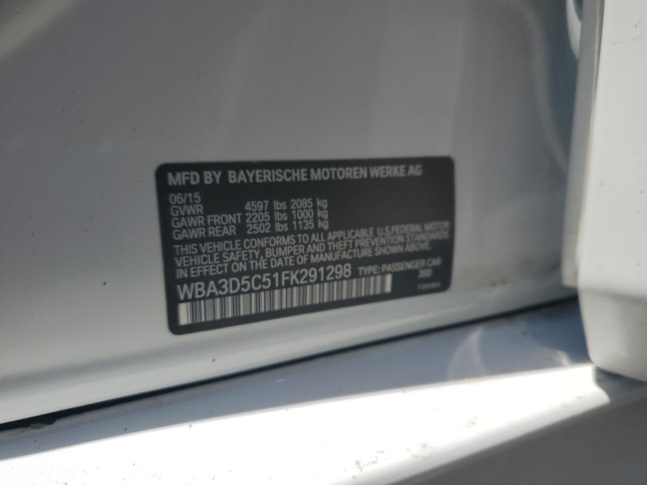 2015 BMW 328 D xDrive VIN: WBA3D5C51FK291298 Lot: 60072314