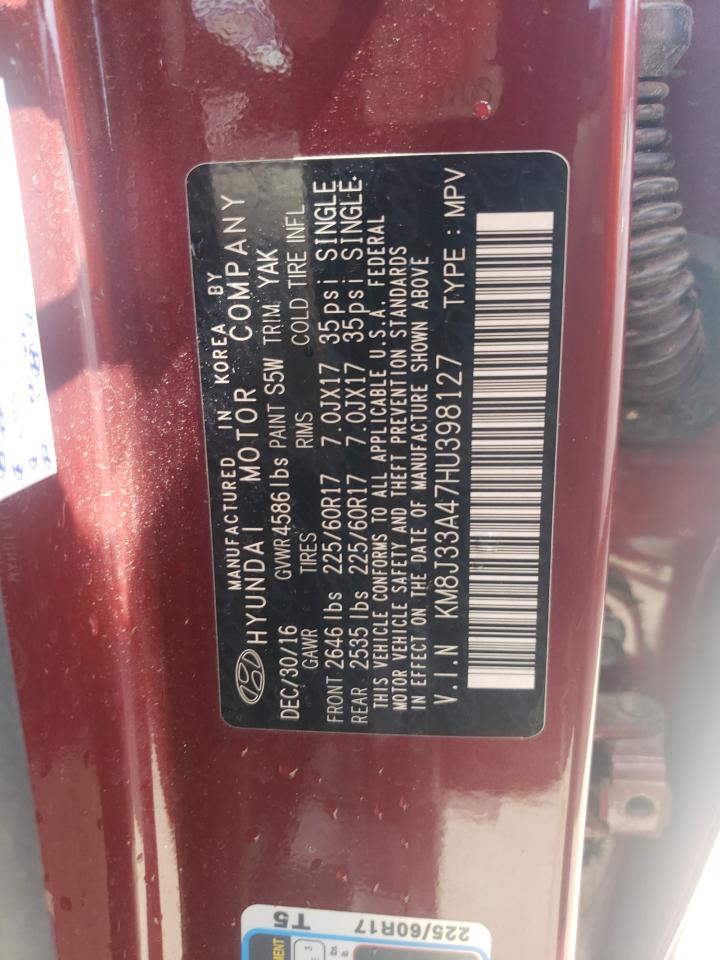 2017 Hyundai Tucson Limited VIN: KM8J33A47HU398127 Lot: 59517544