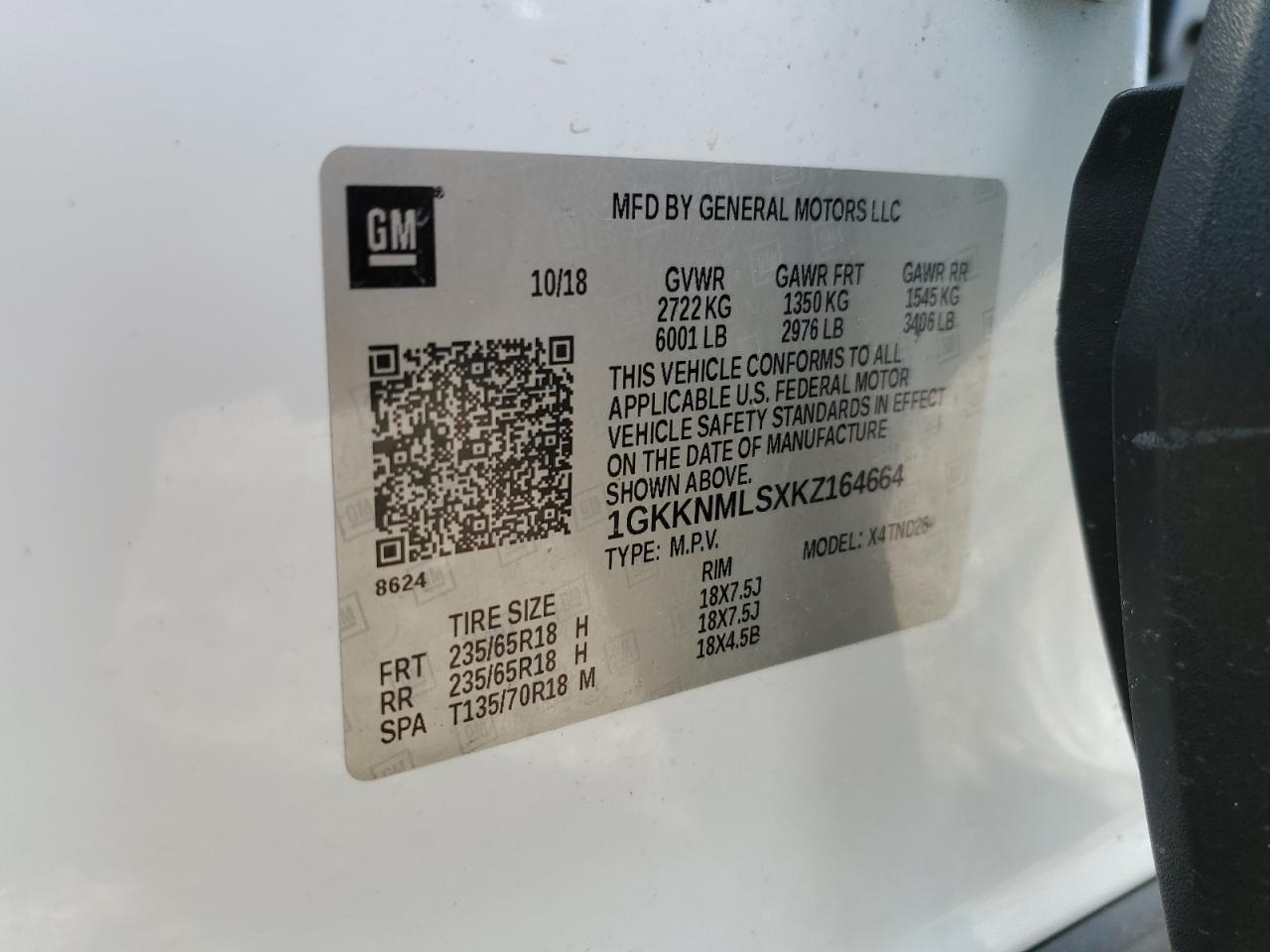 2019 GMC Acadia Slt-1 VIN: 1GKKNMLSXKZ164664 Lot: 59635694