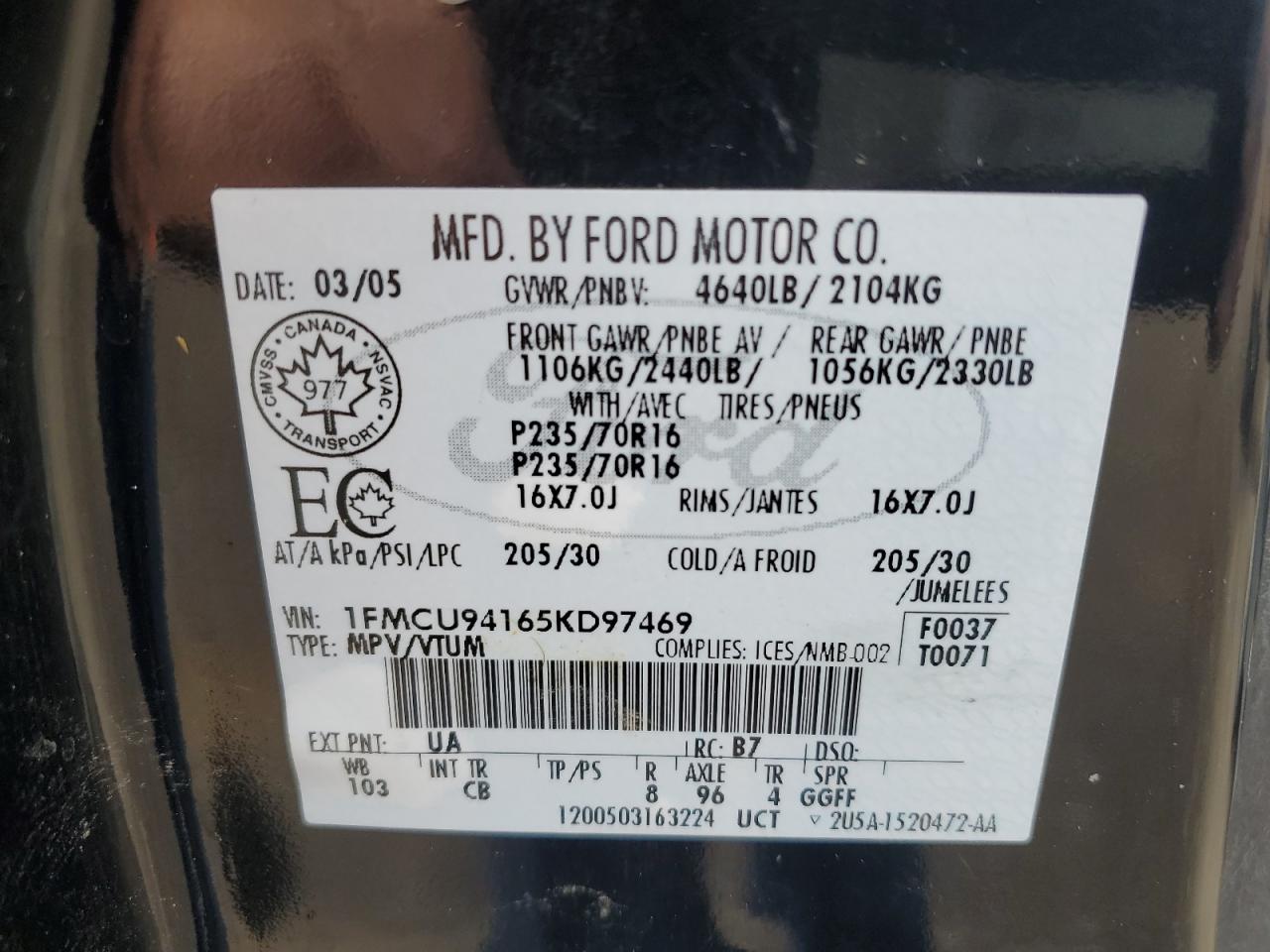 2005 Ford Escape Limited VIN: 1FMCU94165KD97469 Lot: 59665514