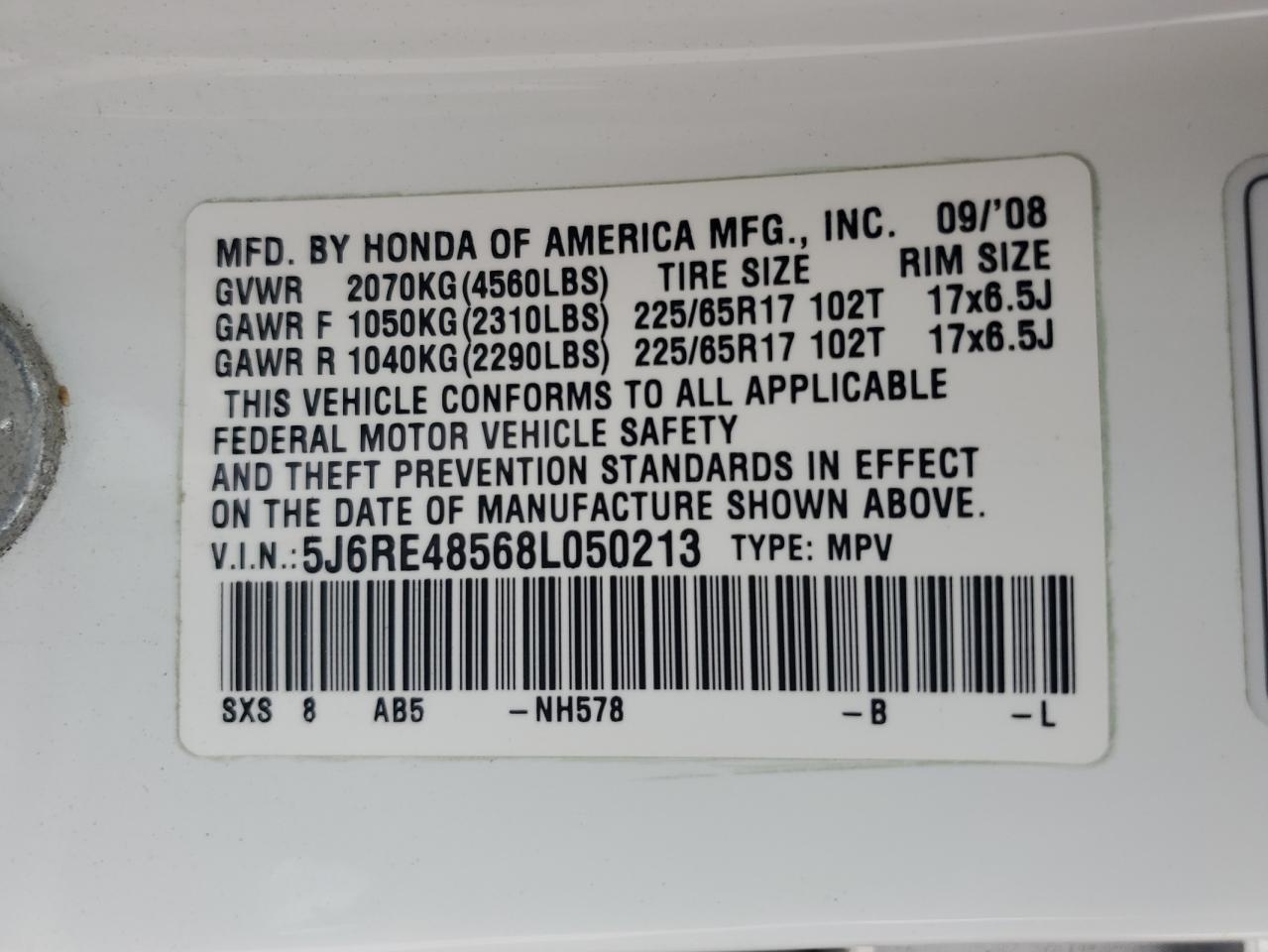 2008 Honda Cr-V Ex VIN: 5J6RE48568L050213 Lot: 59184384