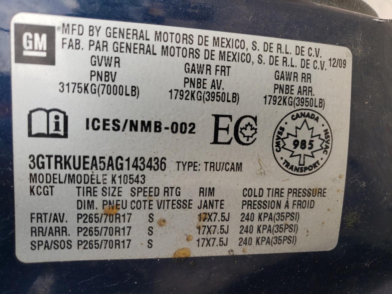 2010 GMC Sierra K1500 Sl VIN: 3GTRKUEA5AG143436 Lot: 61197974