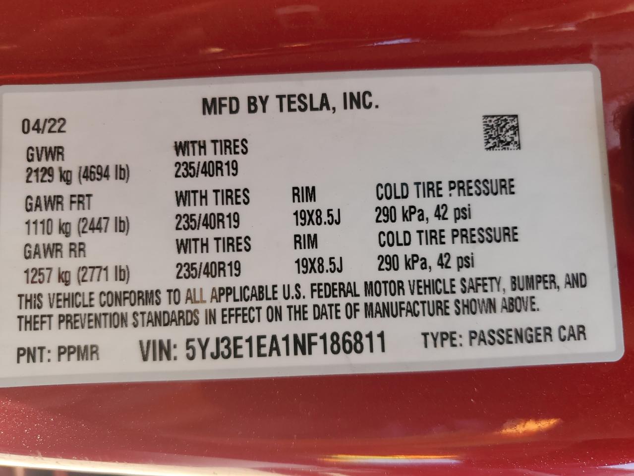 2022 Tesla Model 3 VIN: 5YJ3E1EA1NF186811 Lot: 60307714