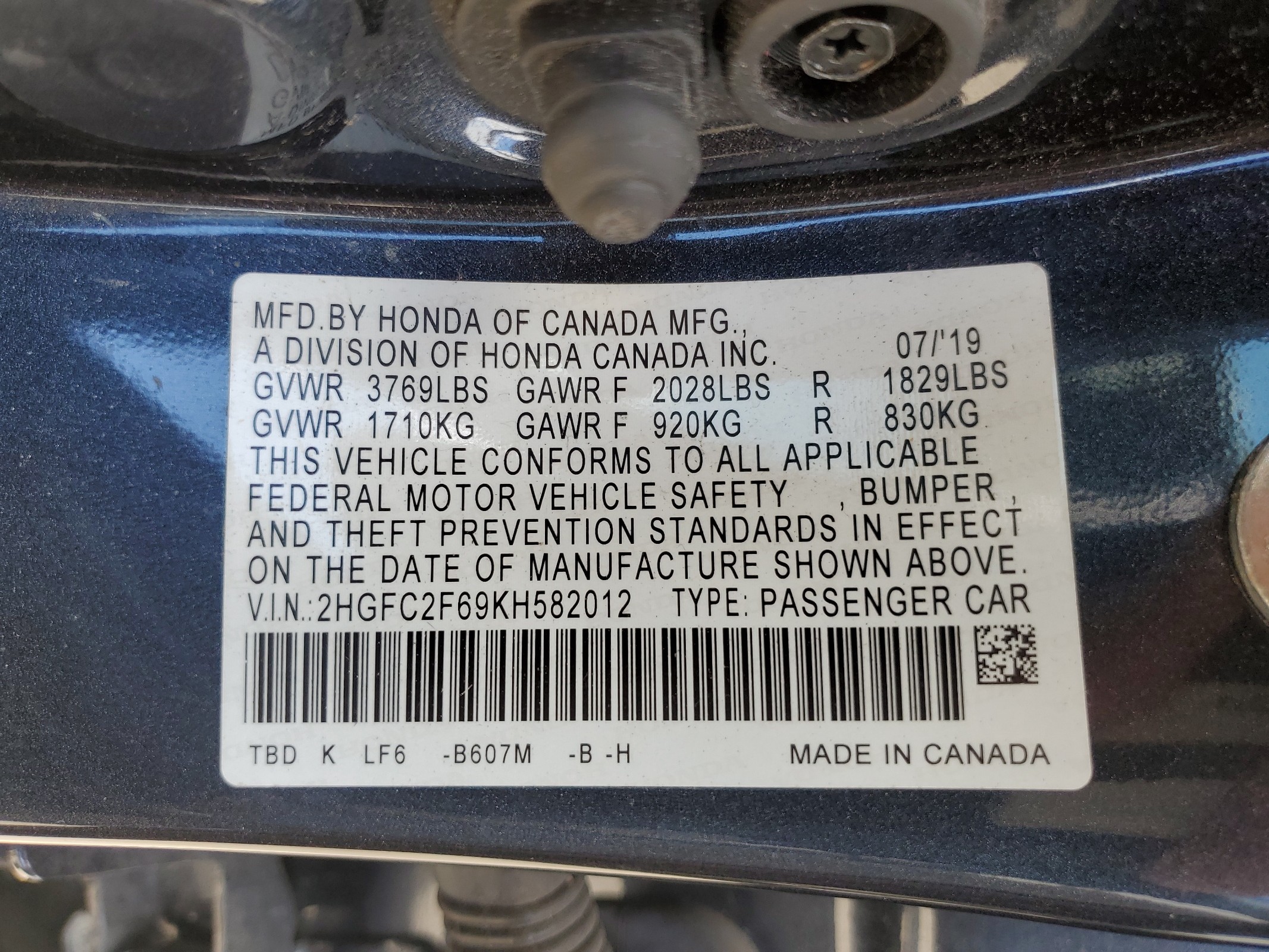 2HGFC2F69KH582012 2019 Honda Civic Lx