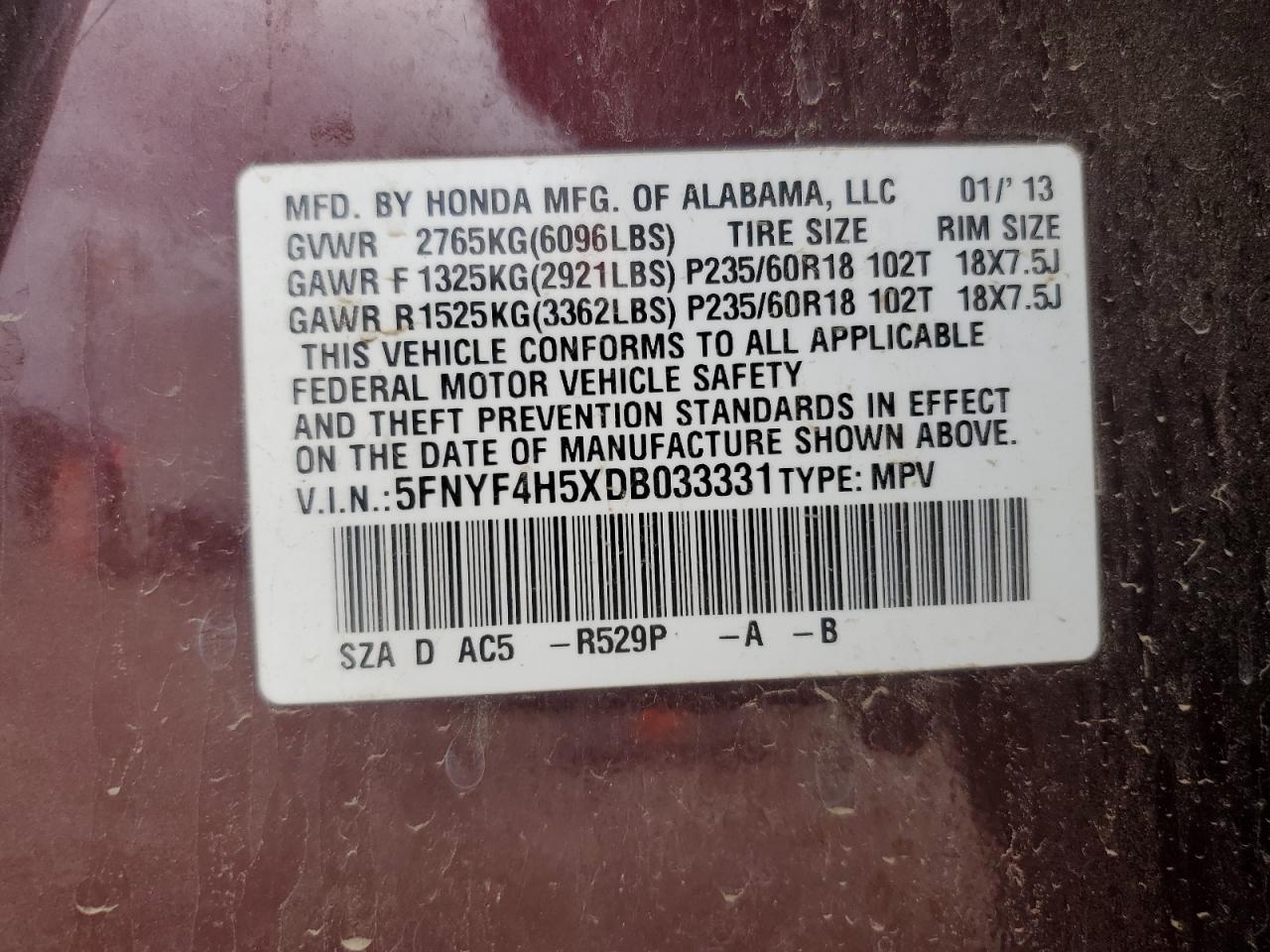 2013 Honda Pilot Exl VIN: 5FNYF4H5XDB033331 Lot: 59013874