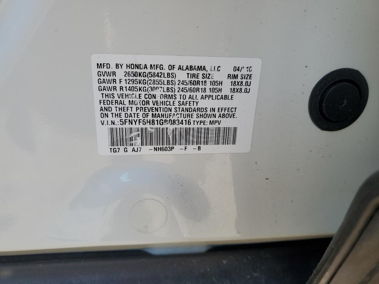 2016 Honda Pilot Exl VIN: 5FNYF6H81GB083416 Lot: 60429274