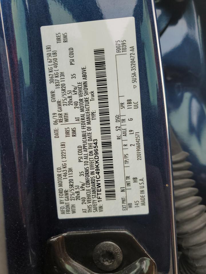 2019 Ford F150 Supercrew VIN: 1FTEW1C49KKD96543 Lot: 58538134